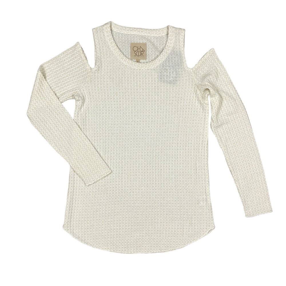 Chaser Top Womens Medium Ivory Gold Waffle Knit Long Sleeve Cold Shoulder Ladies